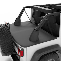 JOYTUTUS tonneau cover mounting view for Wrangler JK demonstrating quick, tool-free installation
