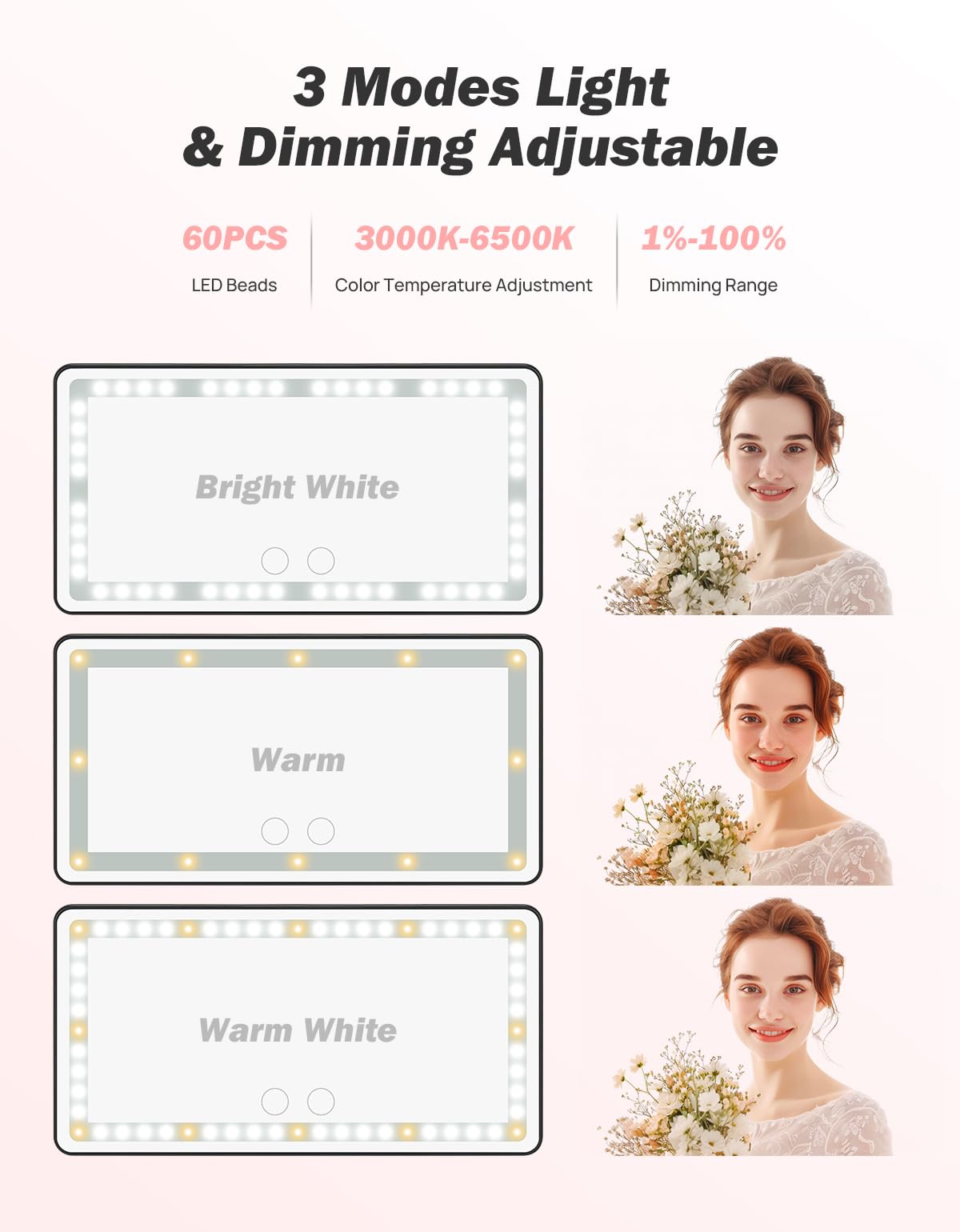 JOYTUTUS vanity mirror with dimmable LEDs for natural makeup tones