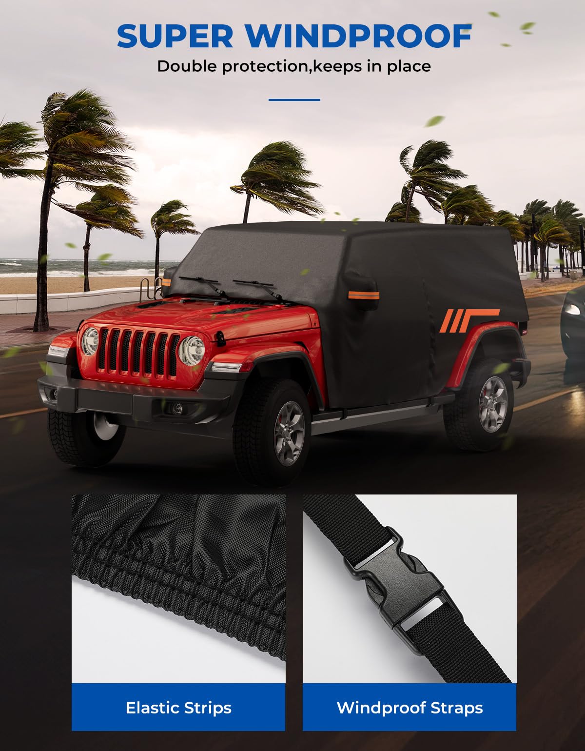 JOYTUTUS Wrangler cab cover windproof straps ensure secure fit in wind.