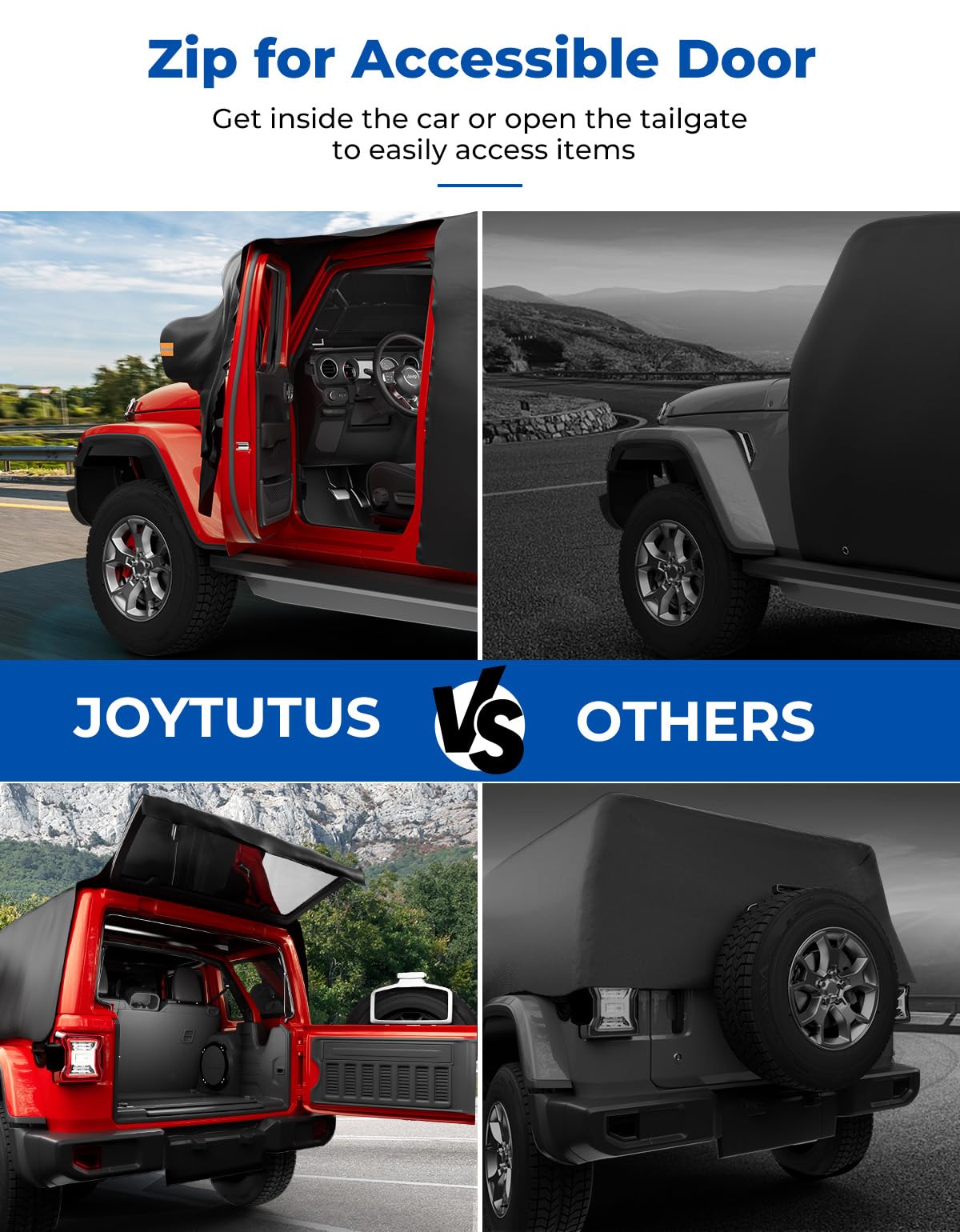 JOYTUTUS Wrangler cab cover zipper-entry demonstrates convenient access without removal.