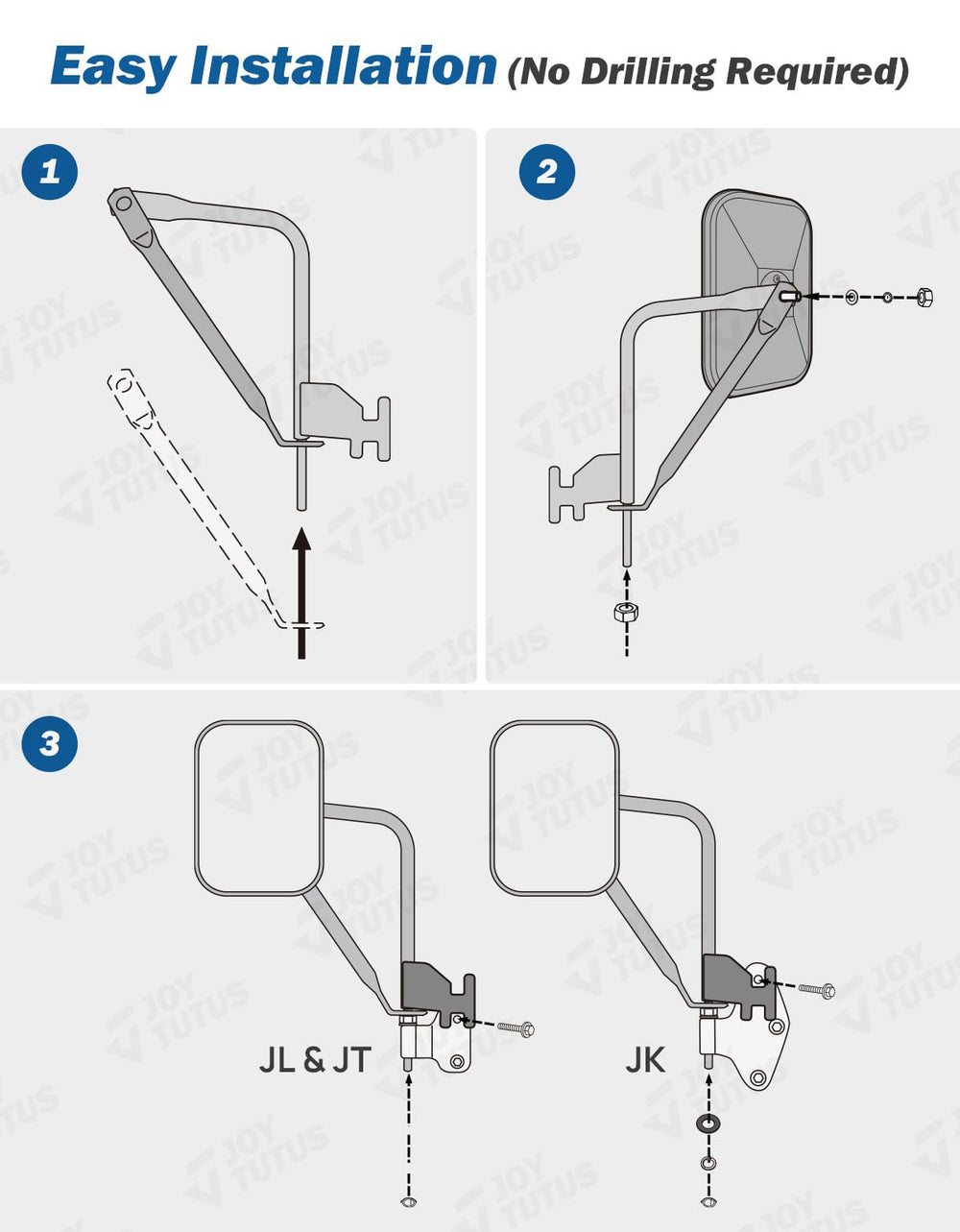 JOYTUTUS doorless mirror bracket shows secure mounting for Wrangler doors-off setup