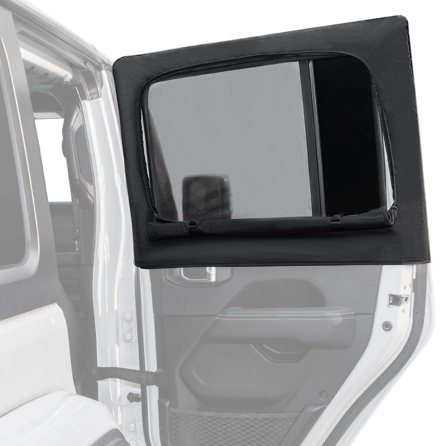 JOYTUTUS Wrangler side window shade with outside grid design for sun protection and privacy.