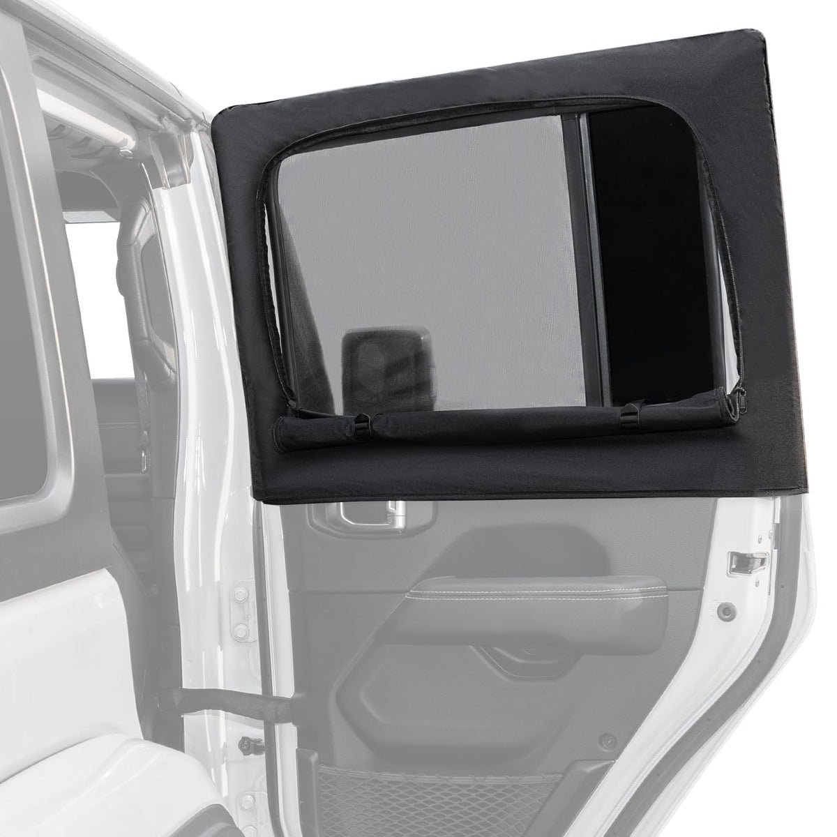 JOYTUTUS Wrangler side window shade with outside grid design for sun protection and privacy.