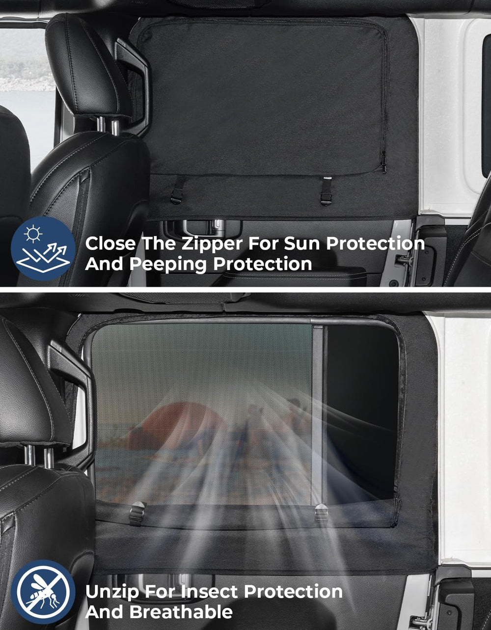 JOYTUTUS rear shade unzipped for insect protection and airflow during camping.