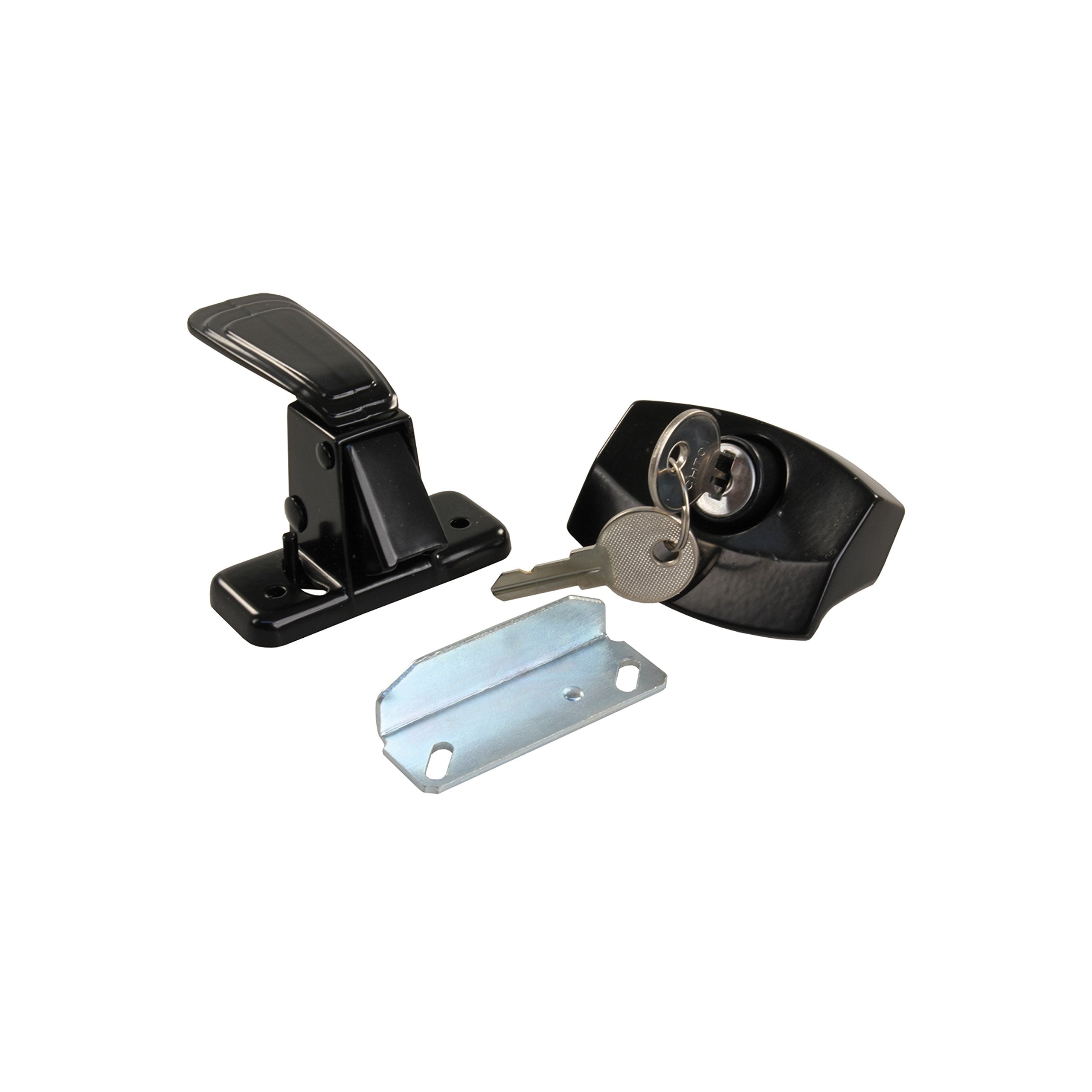 JR Products 11675 black locking camper door latch secures RV doors during travel.
