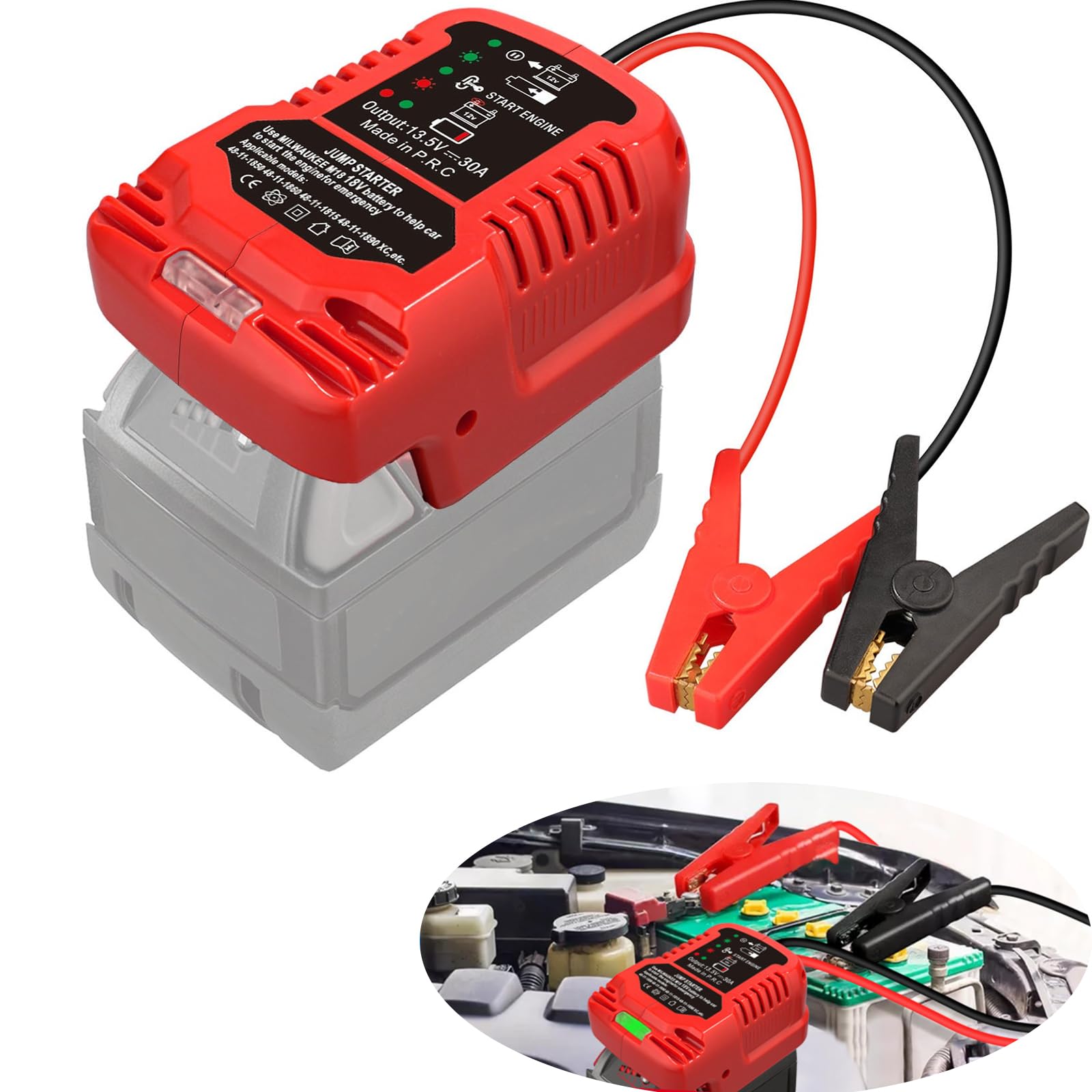 JREDK jump starter adapter connected to Milwaukee 18V battery for a quick start.