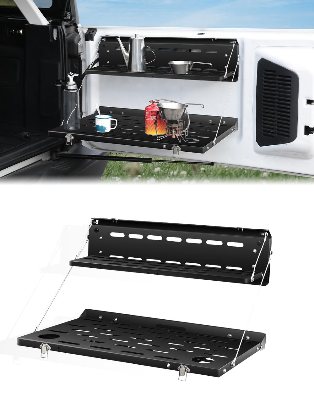 JROAD Bronco tailgate table folded into MOLLE panel for compact storage
