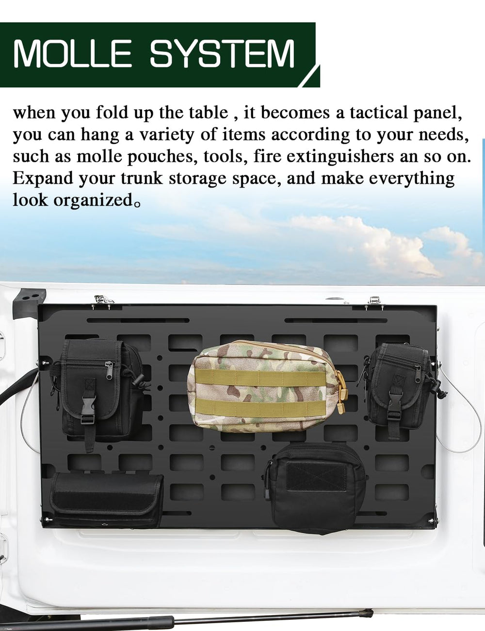 JROAD Bronco tailgate table MOLLE attachments keep gear organized