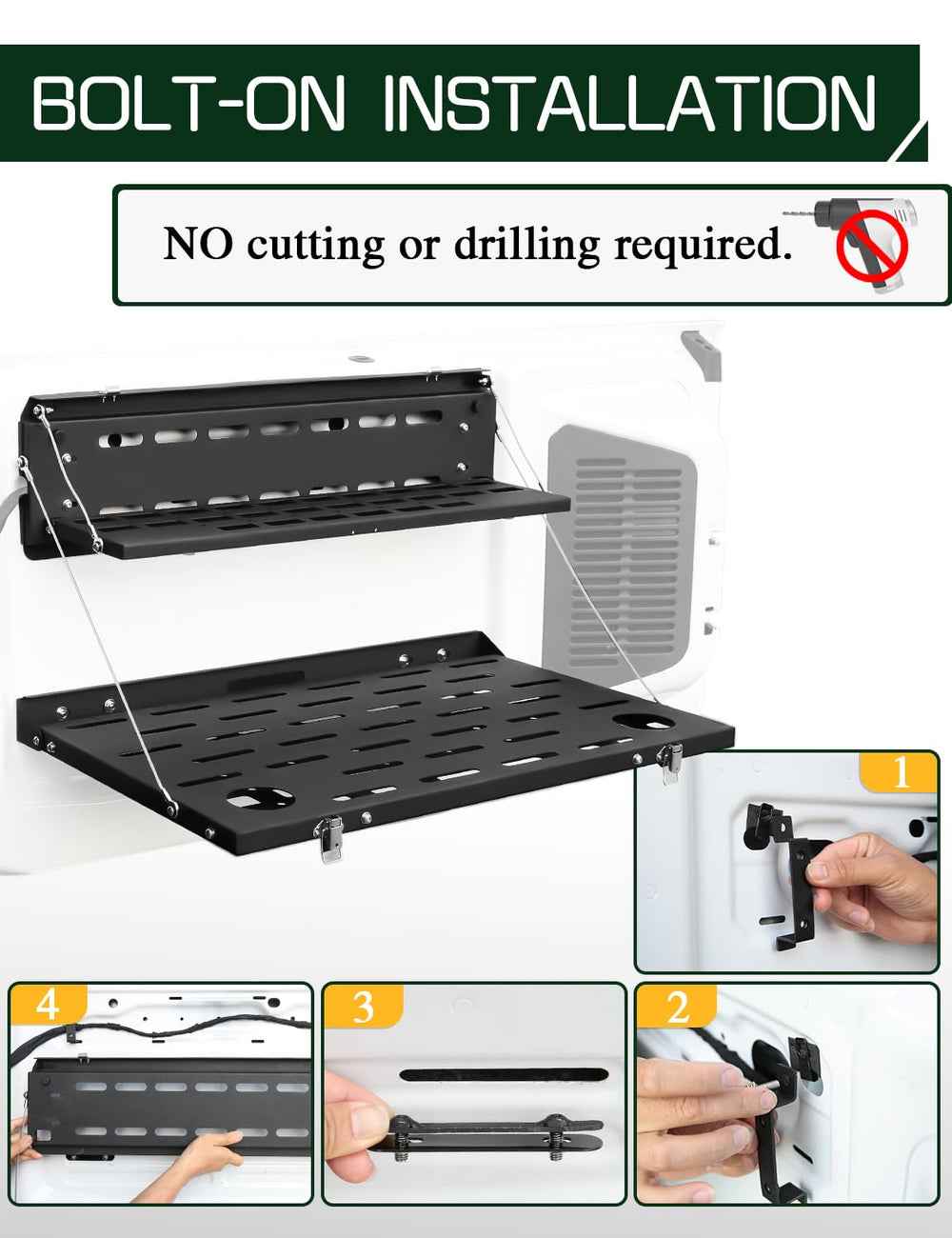 JROAD Bronco tailgate table bolt-on install with no drilling required