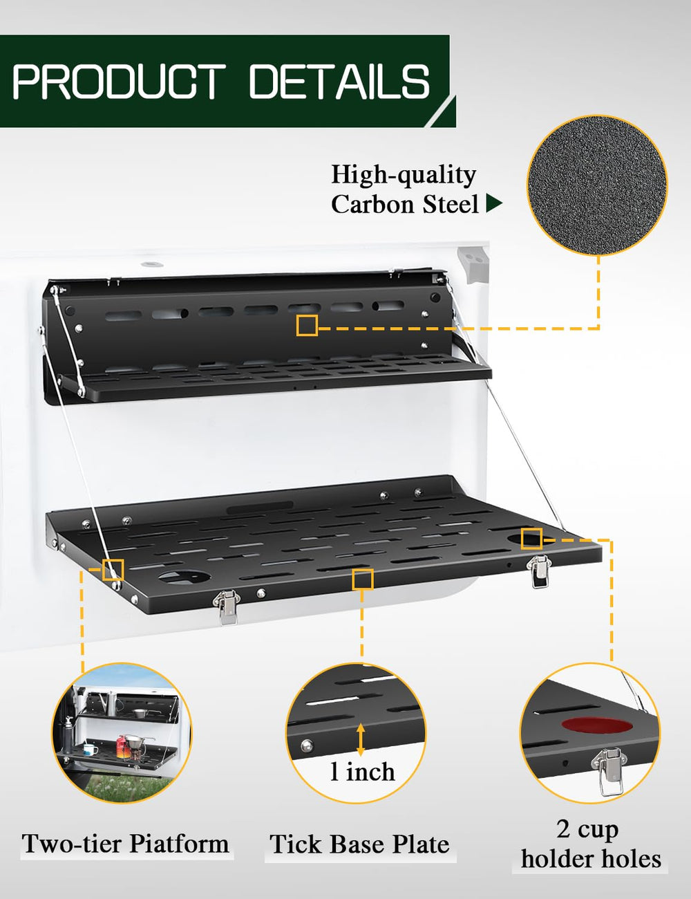 JROAD Bronco tailgate table uses wire rope and buckle for smooth folding