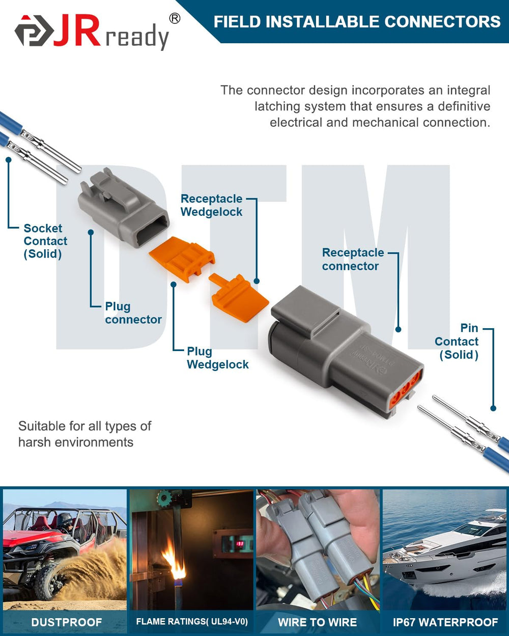 JRready Deutsch DTM 3-pin 20awg contacts enabling stable automotive conductivity.