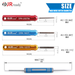 JRready DRK-16DT pin removal tool for size 16 contacts, supports up to 2.9 mm wire.