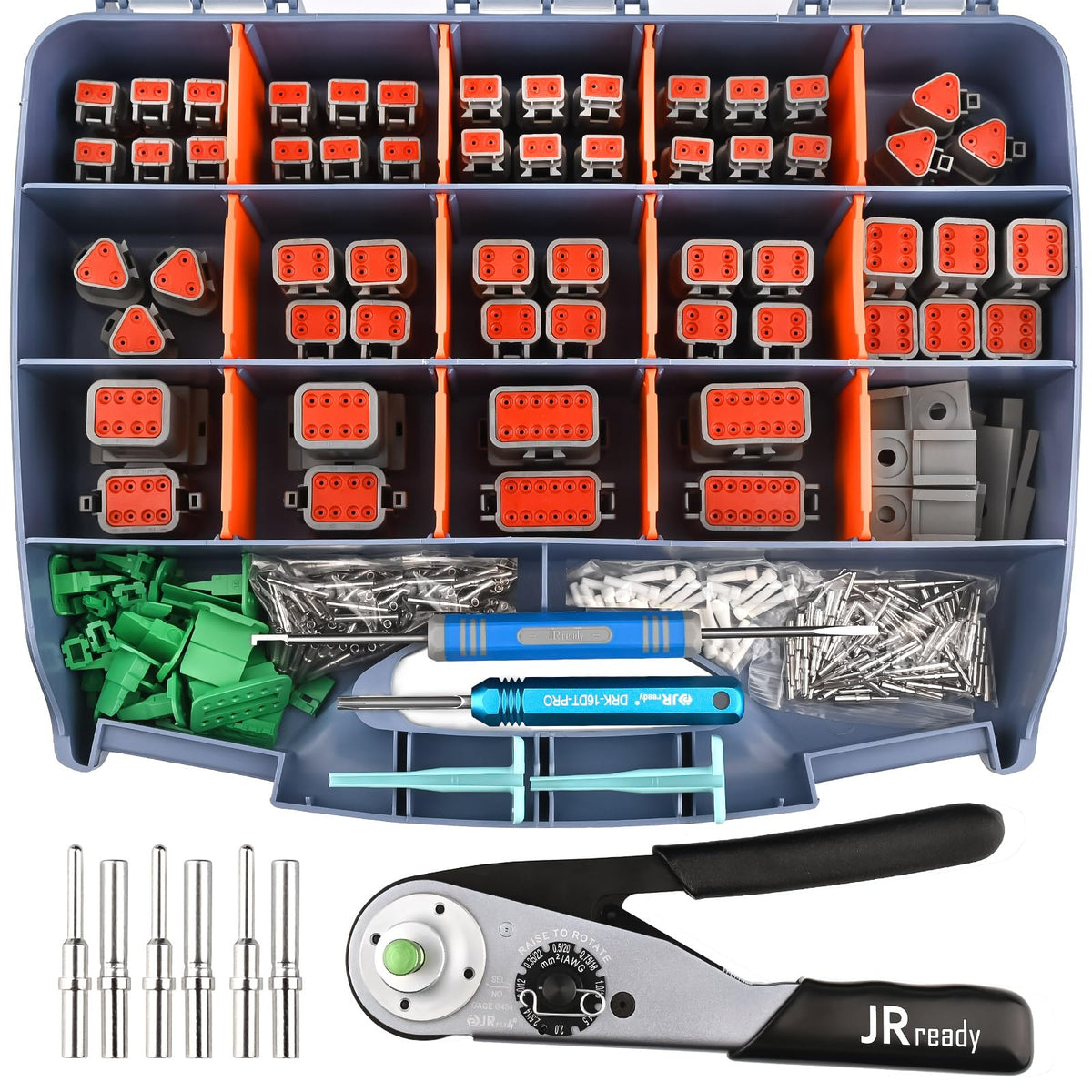 JRready DW5010 kit contents showcase versatile DT connector types for automotive projects.