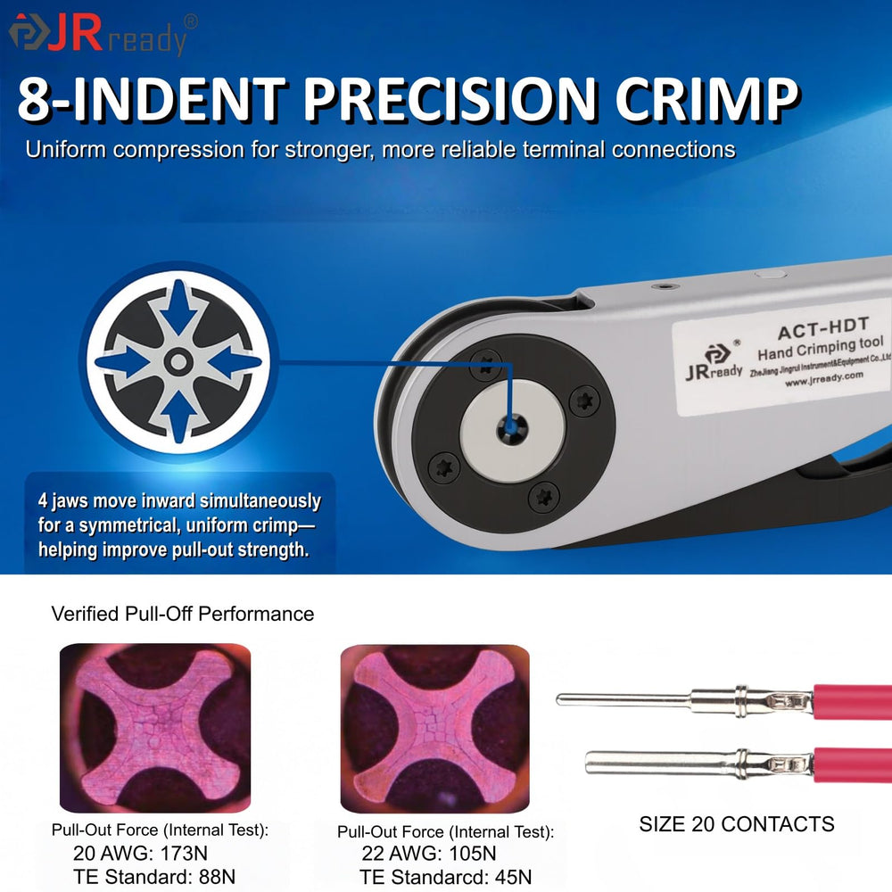8-indent crimp tool included for consistent crimps