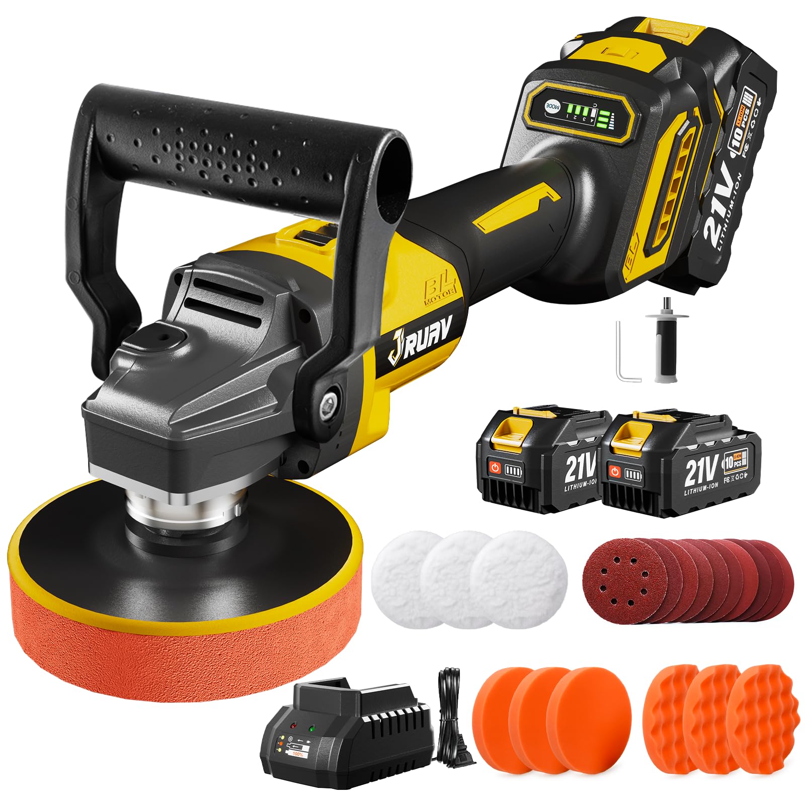 Jruav cordless buffer polisher with front view and wax-ready pad for detailed finish.