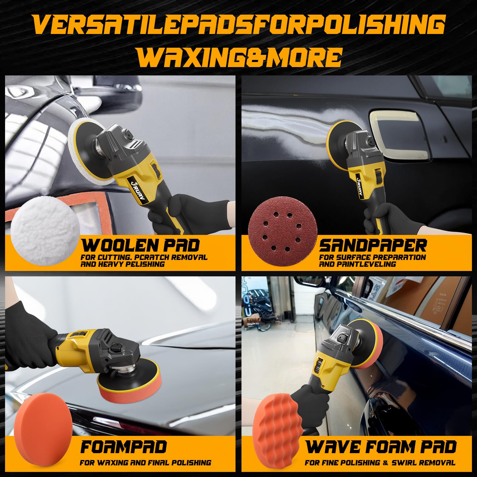 Jruav 29-piece kit laid out, highlighting the polisher and accessories for detailing.