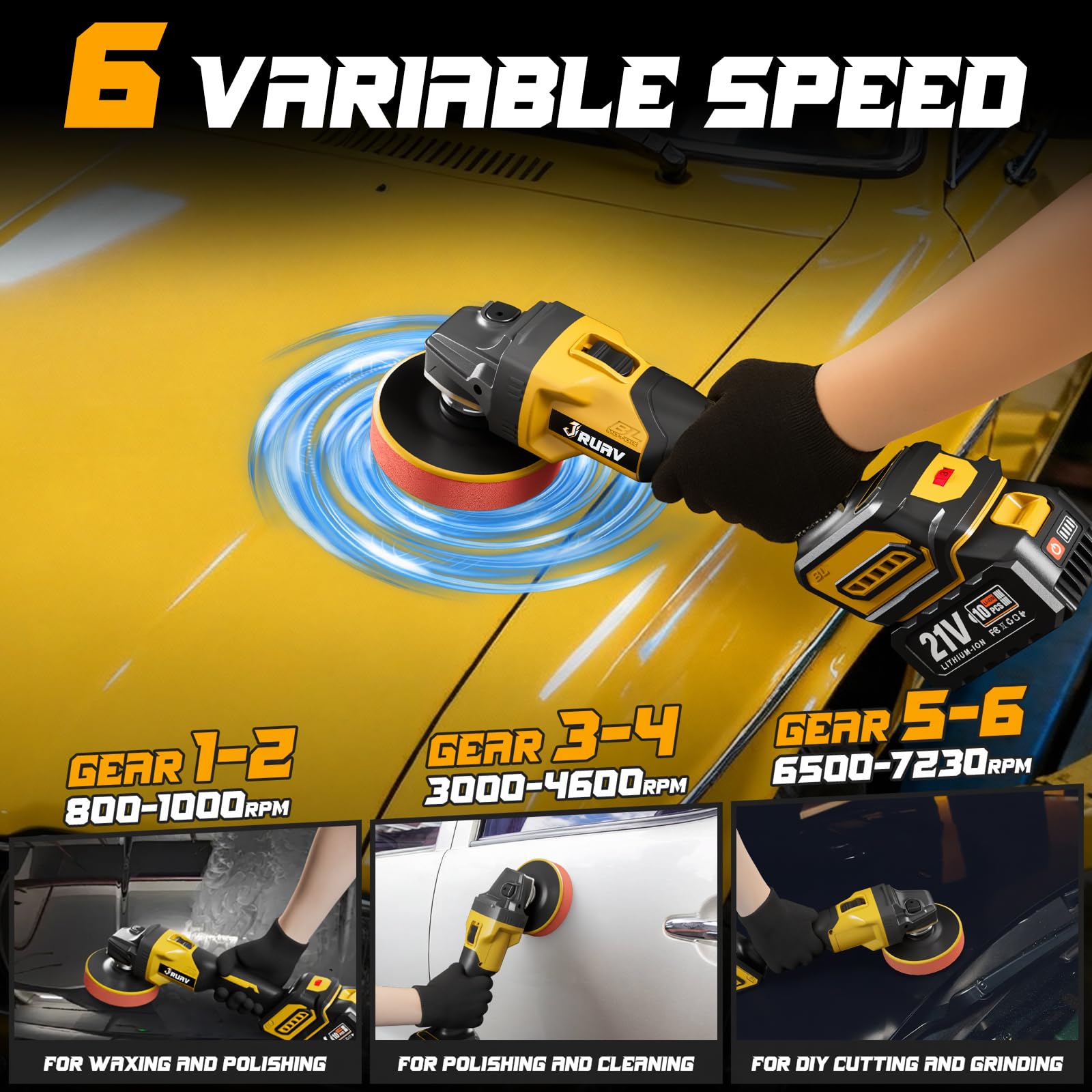 Jruav buffer polisher showing six-speed dial for waxing to cutting tasks.