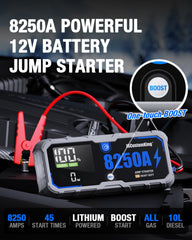 JSCUSTOMKING 8250A booster function in action, enabling quick starts when battery is low.