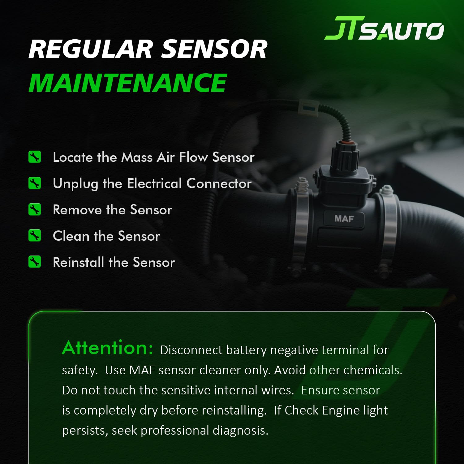 JTSAUTO MAF sensor packaging indicating easy, tool-free replacement.