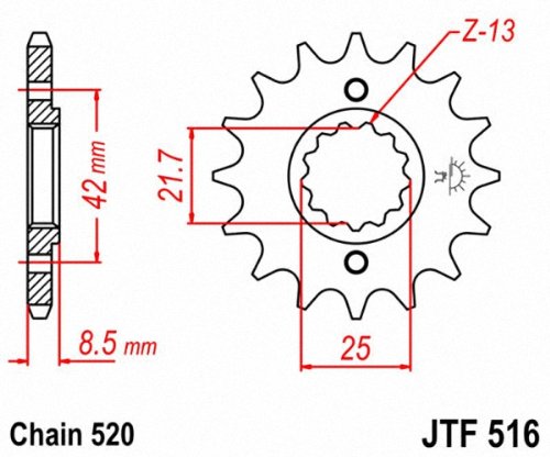 JT Sprockets JTF516.13 13T front sprocket close-up in black, precision-machined.