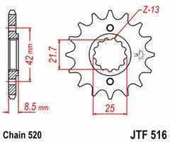 JT Sprockets JTF516.13 13T front sprocket close-up in black, precision-machined.