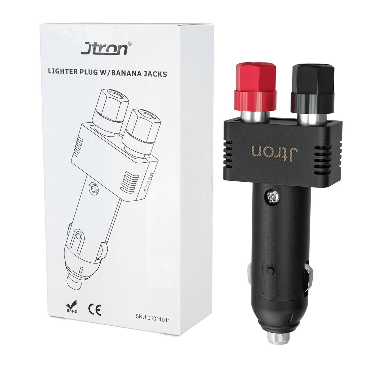 Jtron DC-12V 10A plug closeup showing robust build for reliable car power.