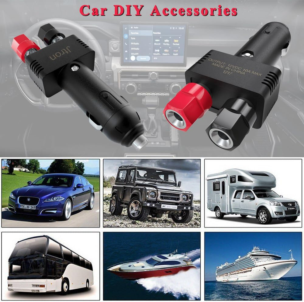 Jtron product in-car use-case showing plug powering 12V devices.