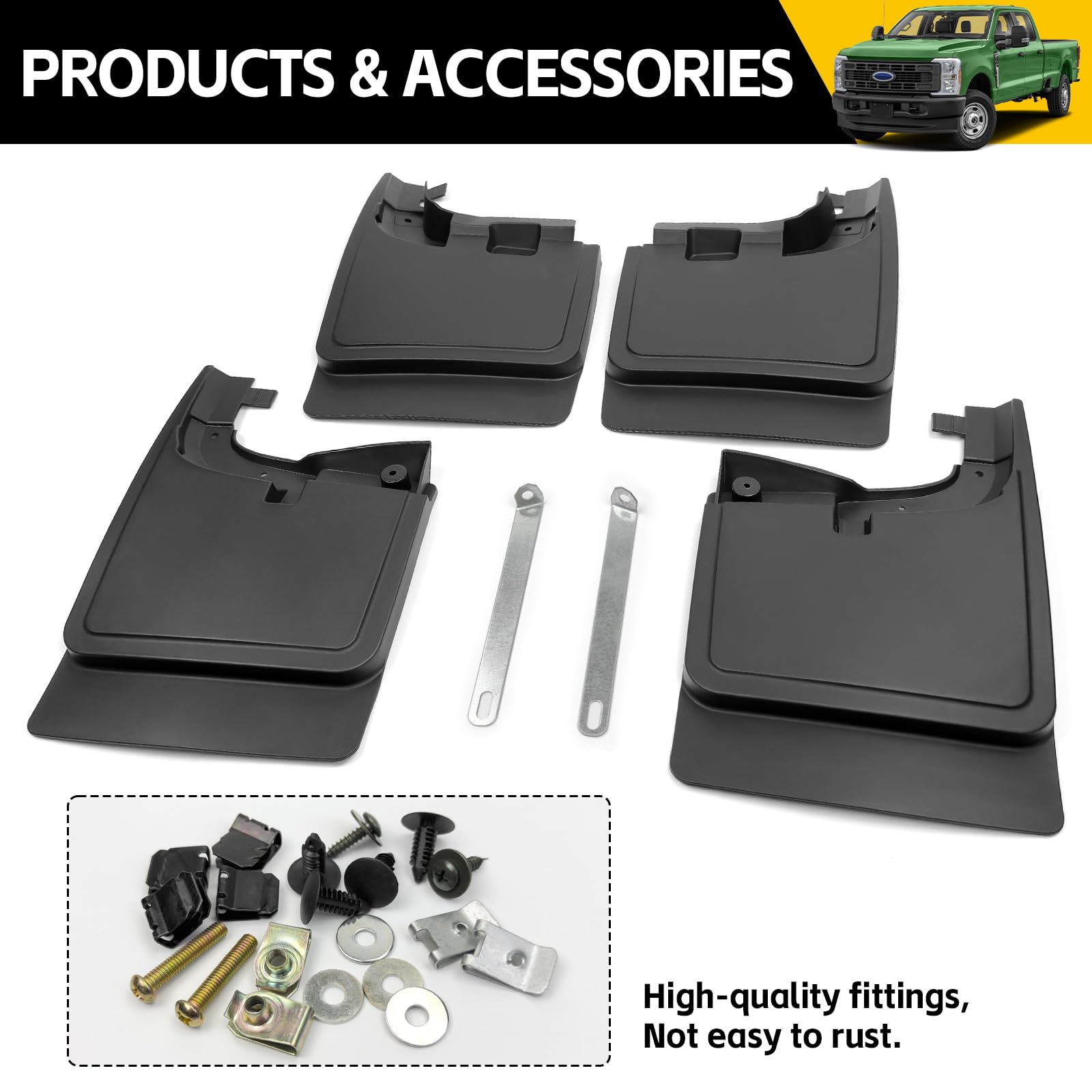 Packaging contents image for JTYZSM mud flaps showing mounting hardware.