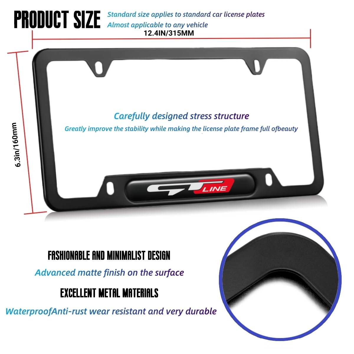 JULOPO two-piece black aluminum license plate frame rear view enhances rear aesthetics.
