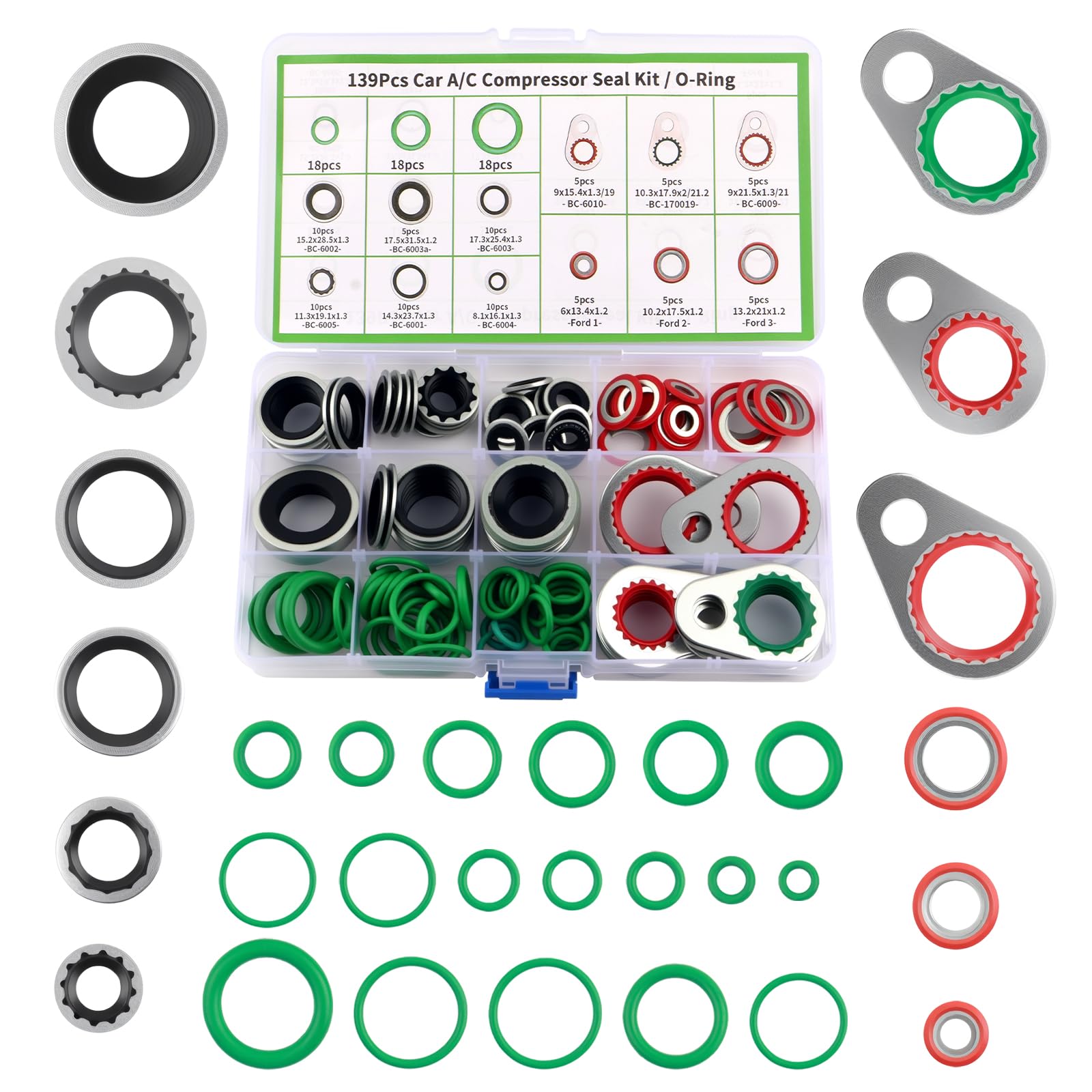Junecarp 139pcs AC O-Ring Kit storage box with labeled compartments for fast maintenance.