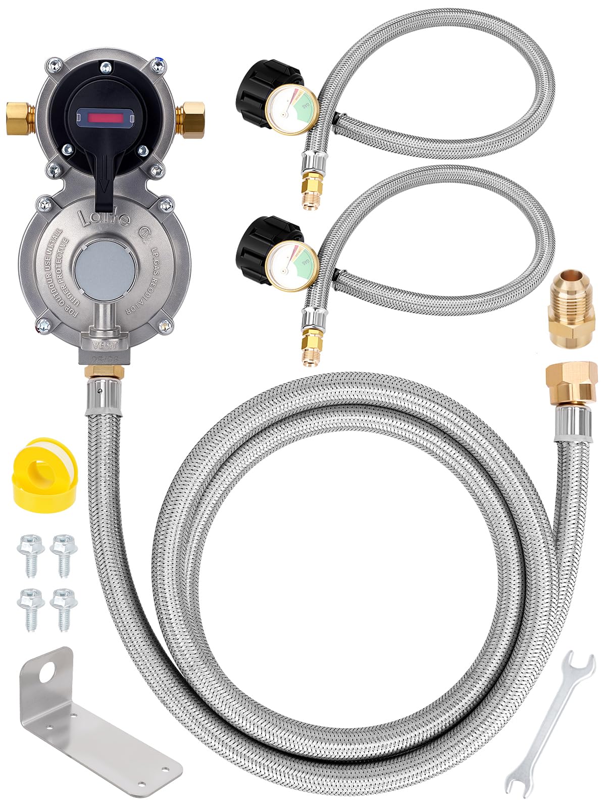 JURPLIX RV 2-stage auto-changeover regulator with gauge and dual tanks.
