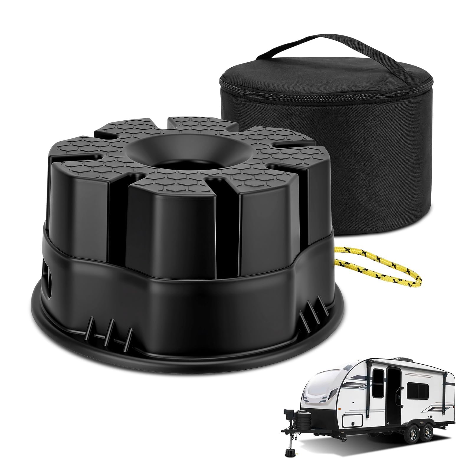 JURPLIX trailer jack block with 6-inch lift for easier RV leveling on uneven terrain.