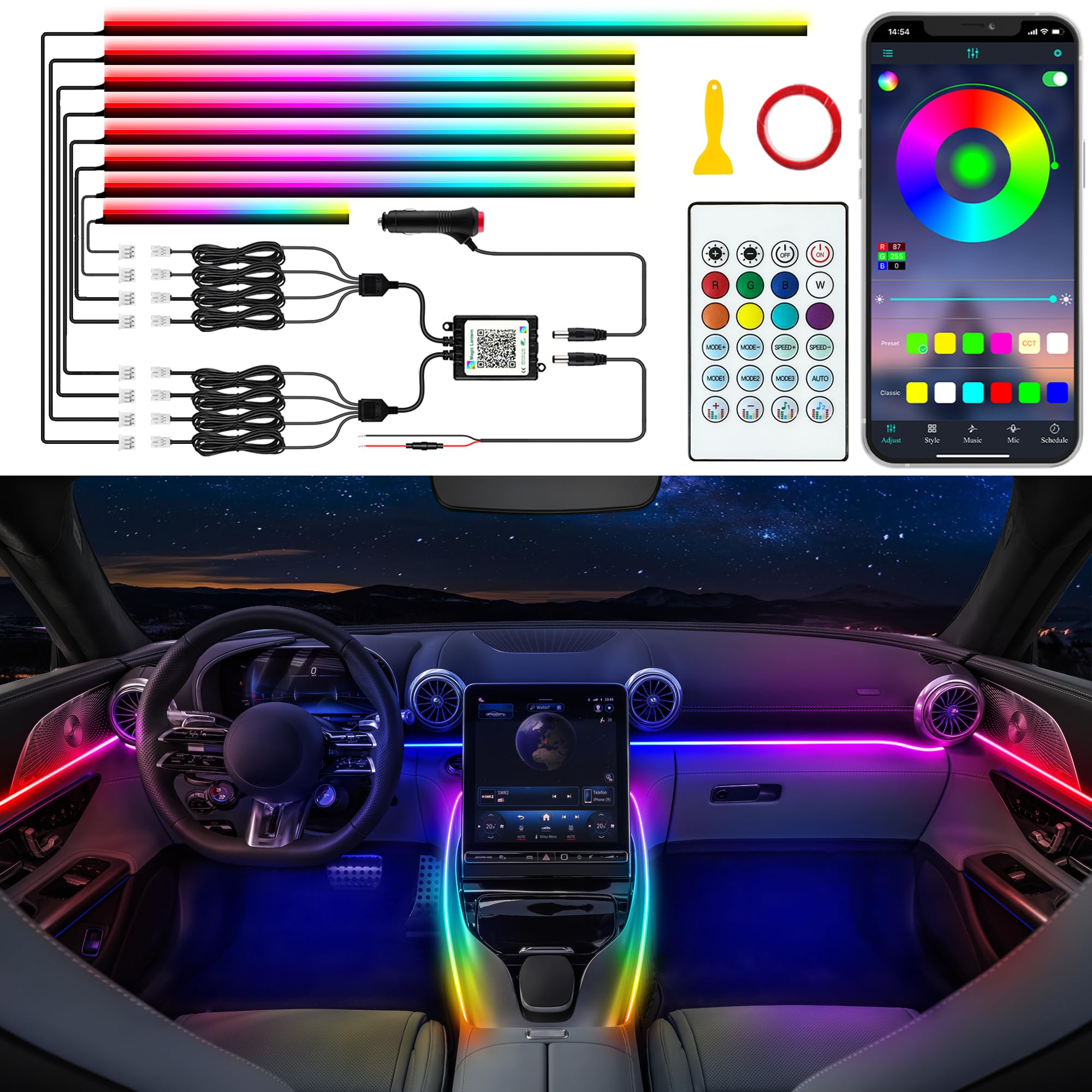 Jushope car LED strip with dynamic rainbow chasing for vivid interior mood