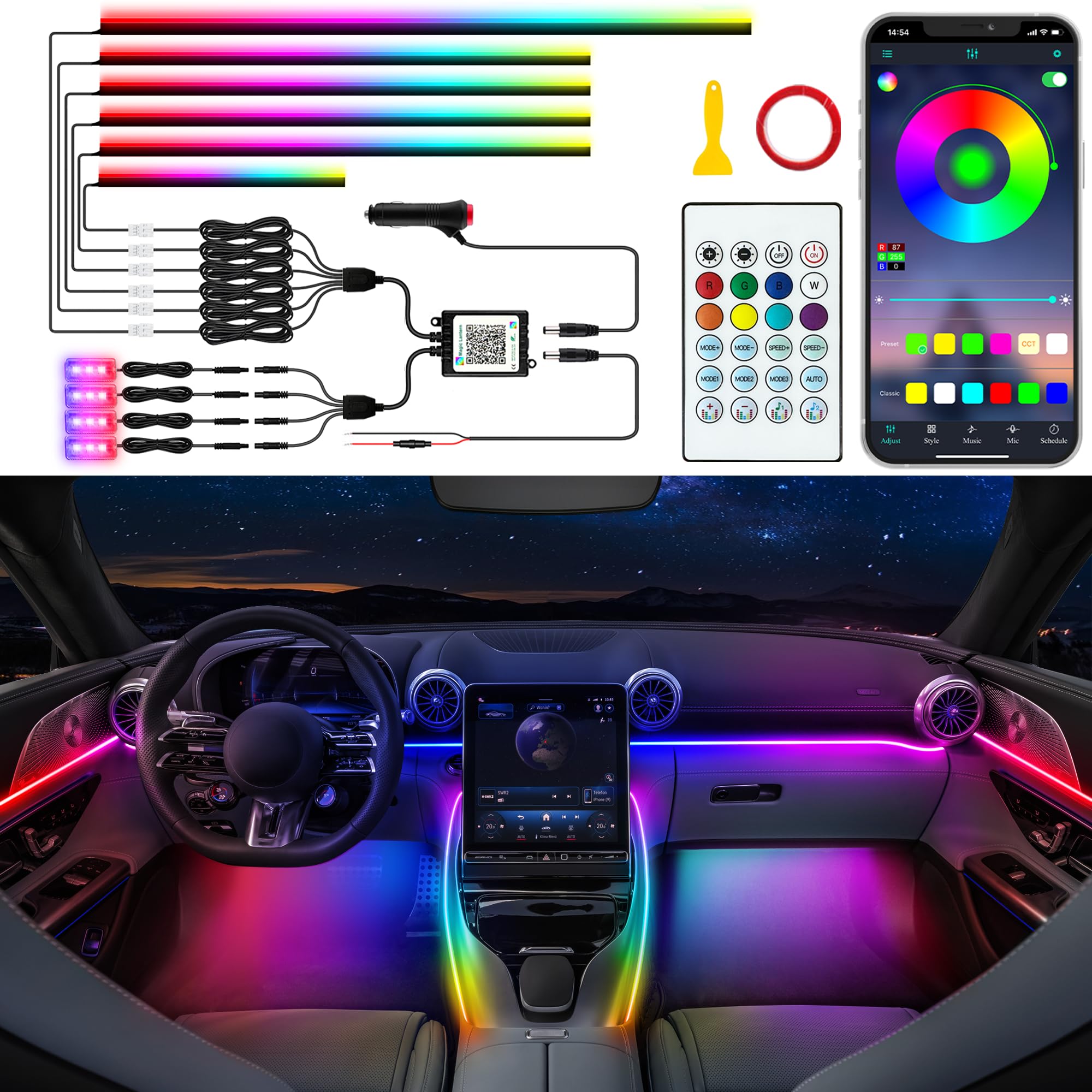 Jushope car LED strip startup-scan showcases customizable color on startup