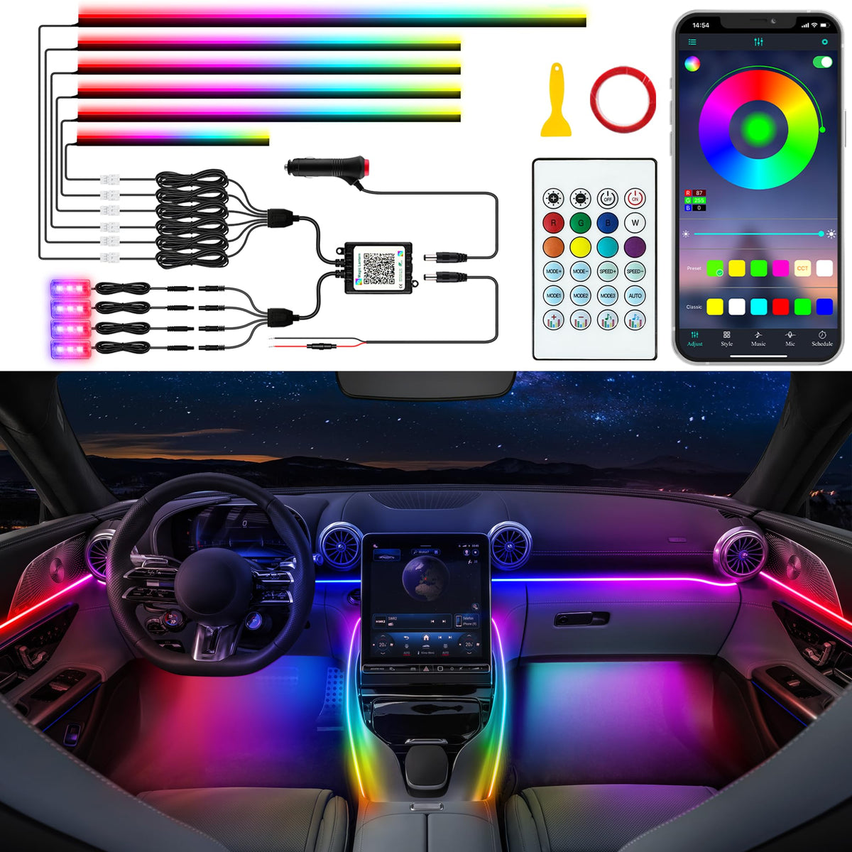 Jushope car LED strip startup-scan showcases customizable color on startup