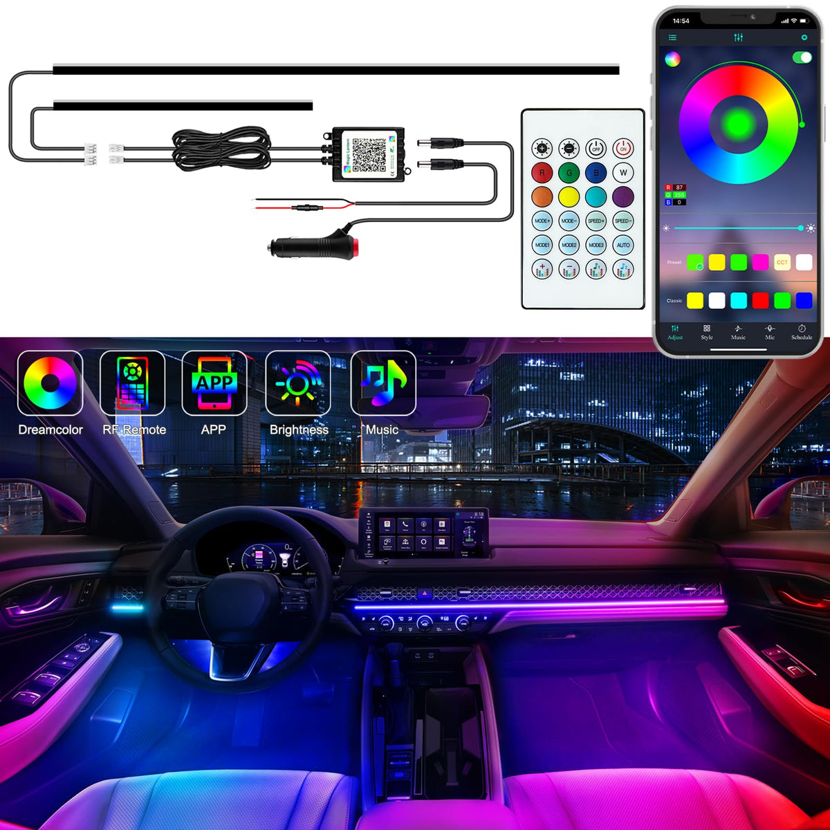 Jushope interior LED strip with dreamcolor chasing for vibrant cabin ambiance.
