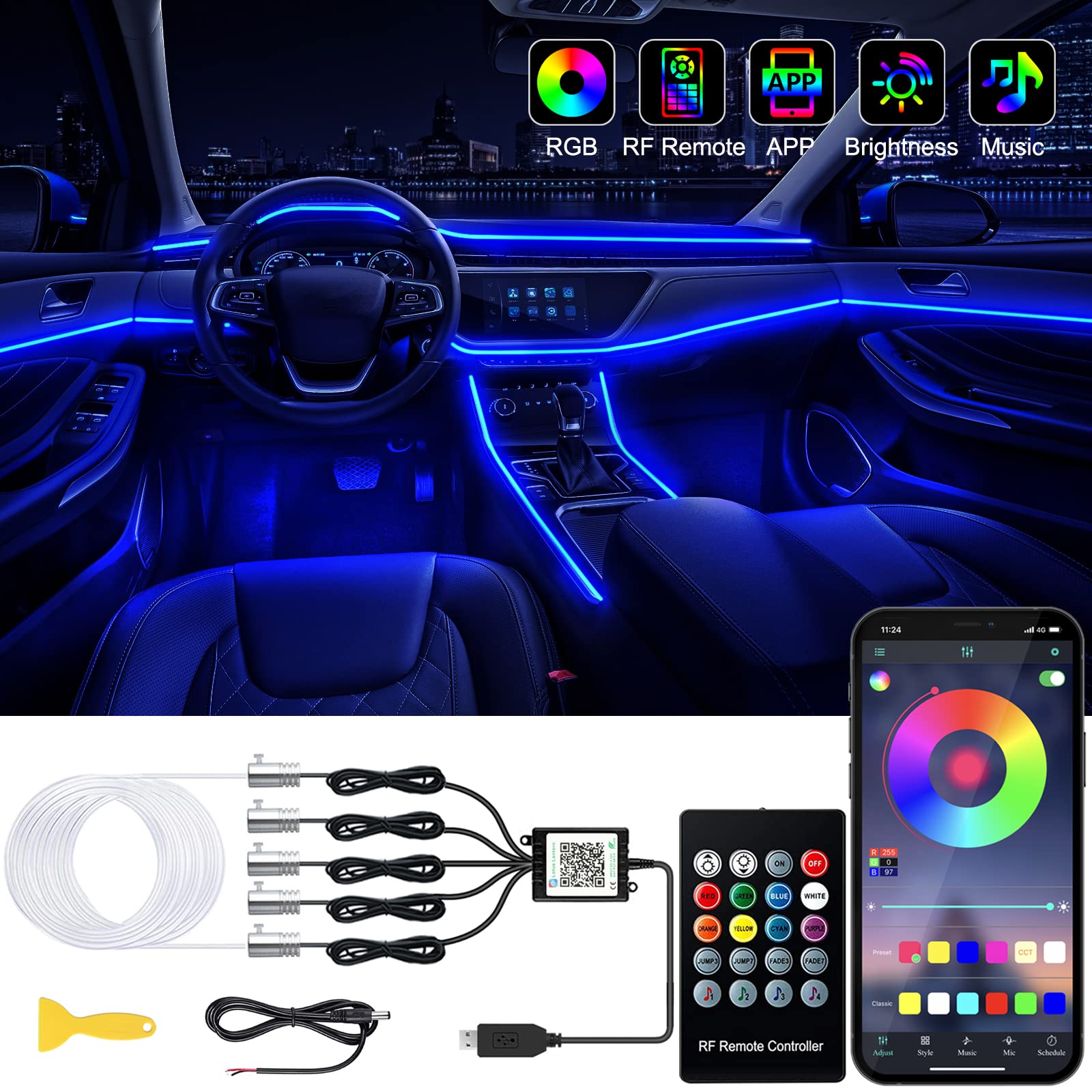 Jushope interior LED strip lights in multi-color mode for mood lighting inside the car