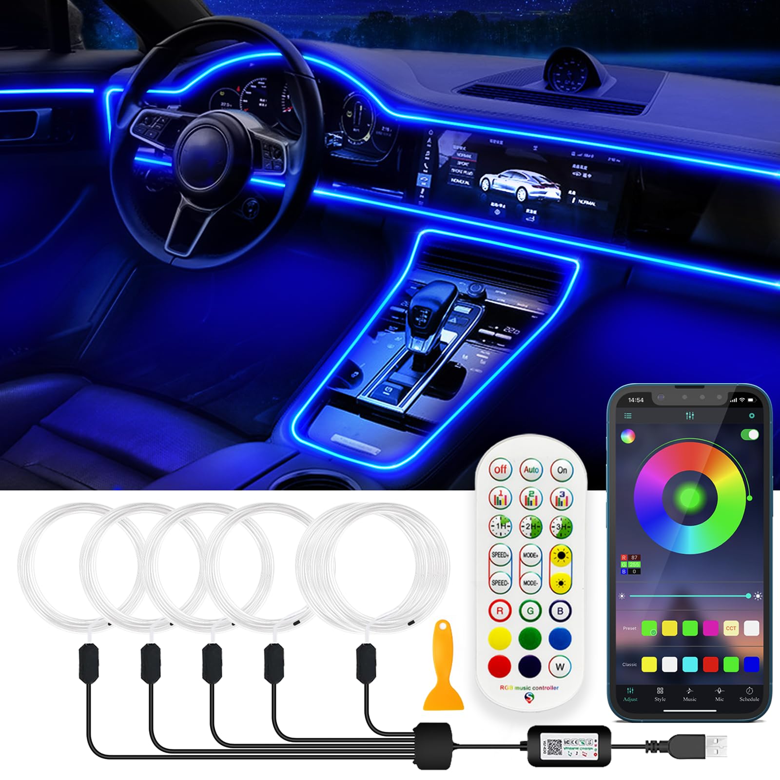 Jushope interior LED strip provides vibrant ambient lighting for the car cabin