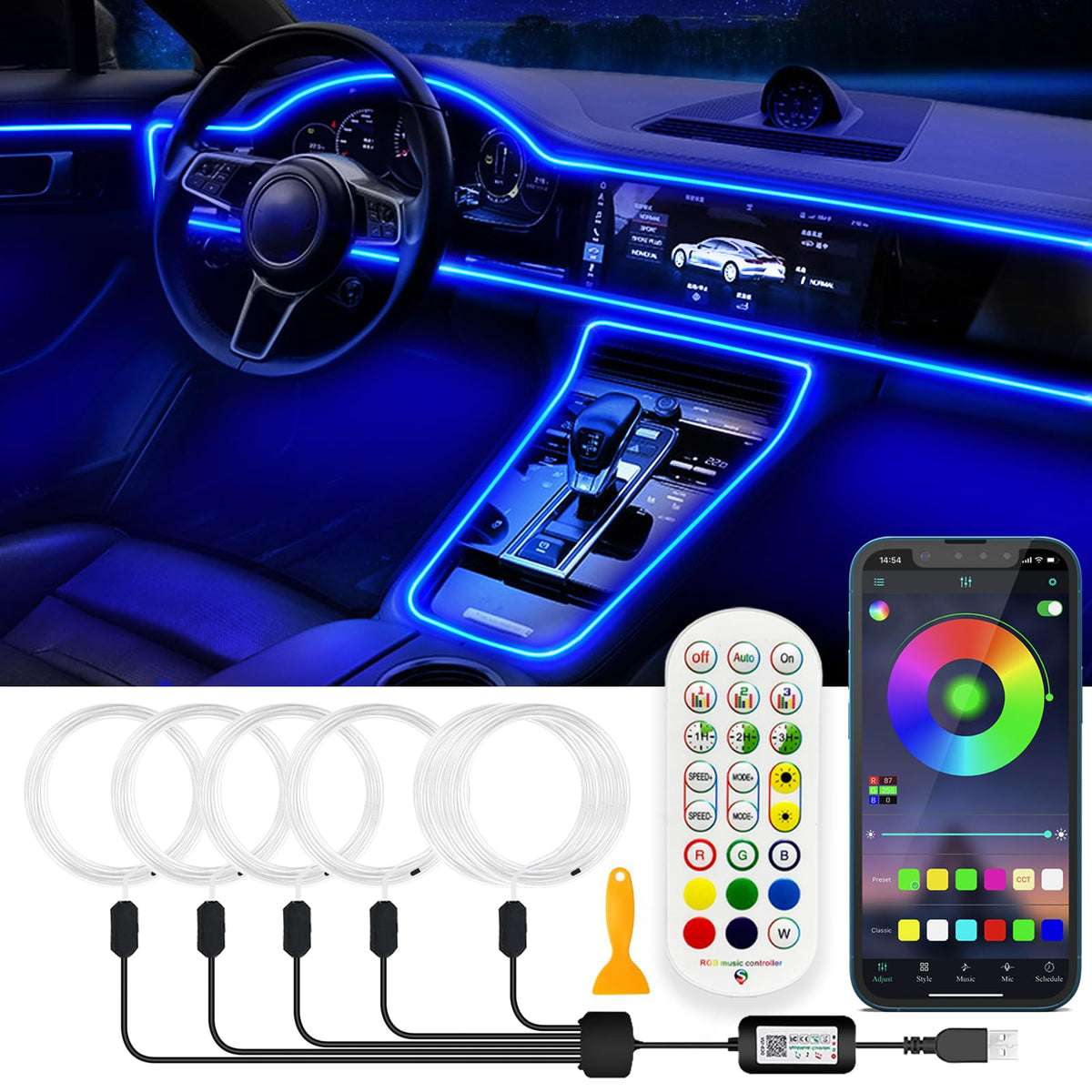 Jushope interior LED strip provides vibrant ambient lighting for the car cabin
