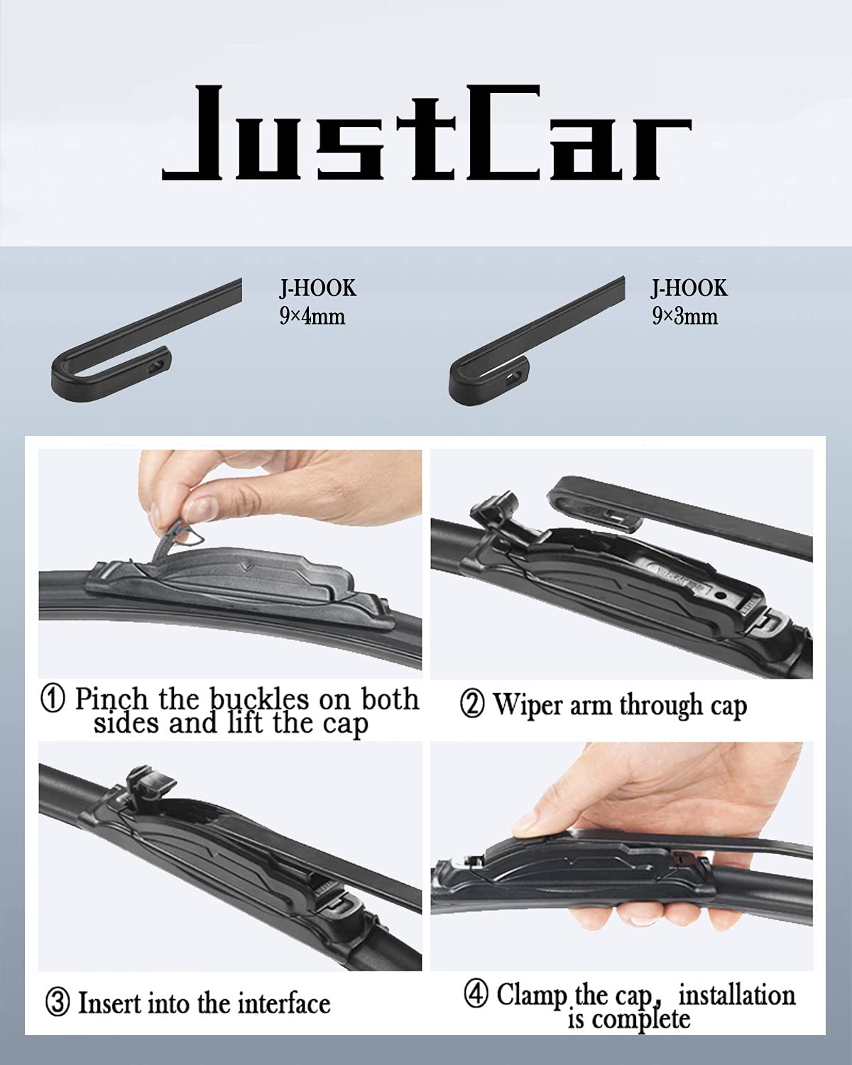 JustCar wiper blade packaging includes mounting instructions for quick setup.