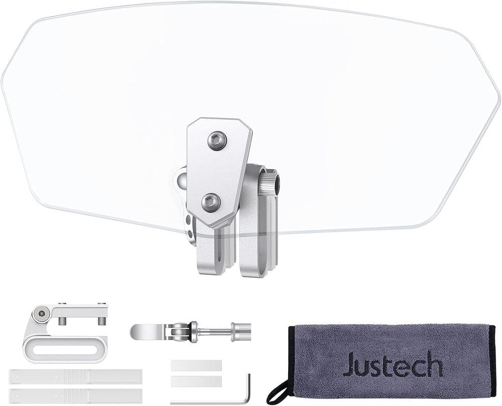 Justech windshield extension spoiler enables improved wind deflection on motorcycles.