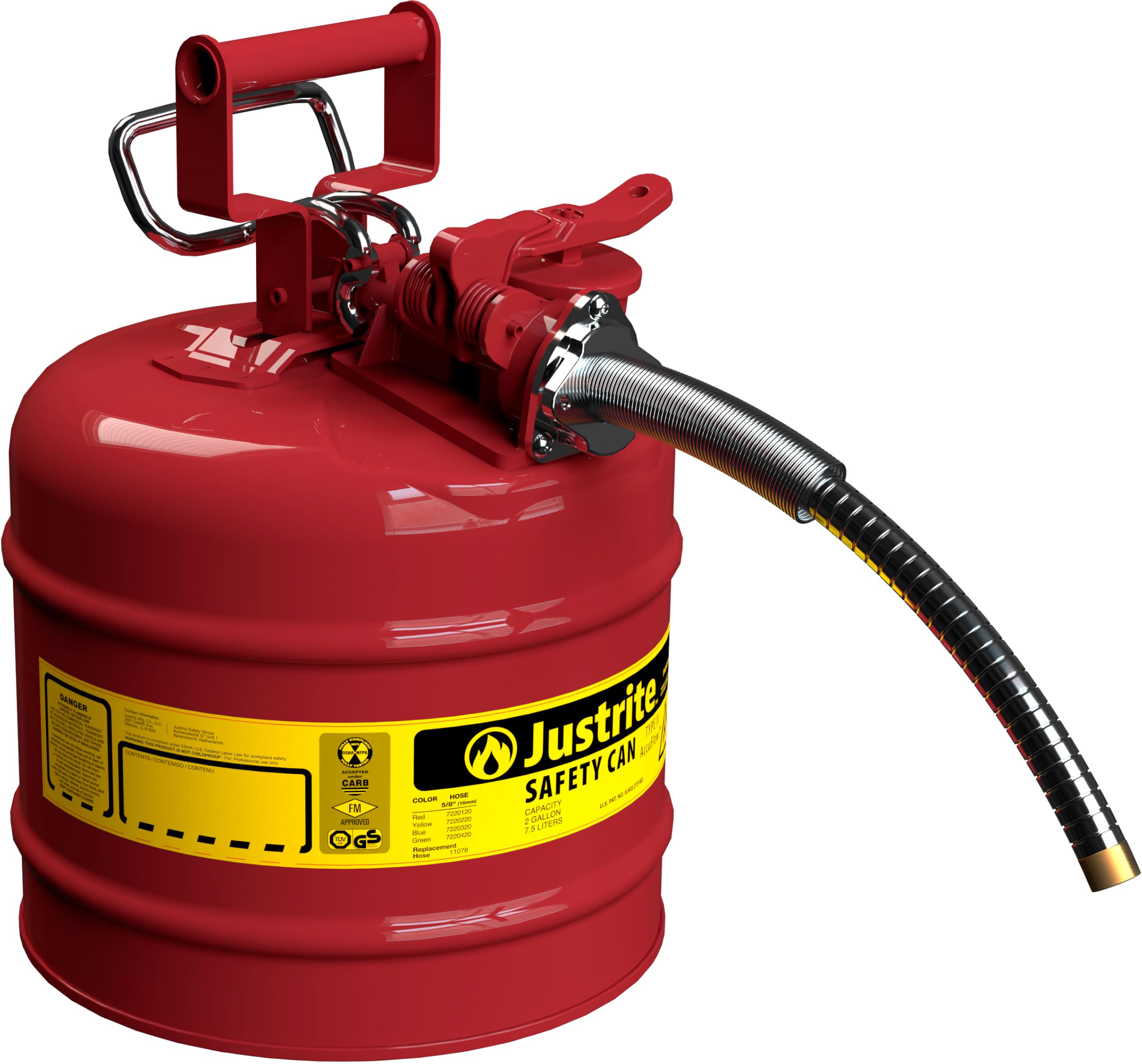 Justrite 2-Gallon Type II red gas can with flame arrester for safer transfer.