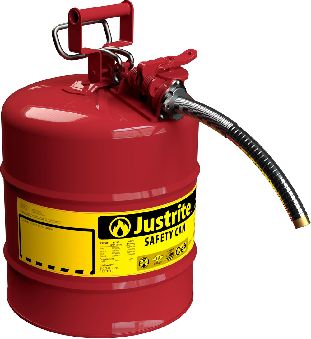 Justrite 5-gallon Type II red safety can with flame arrester for safer gasoline handling.