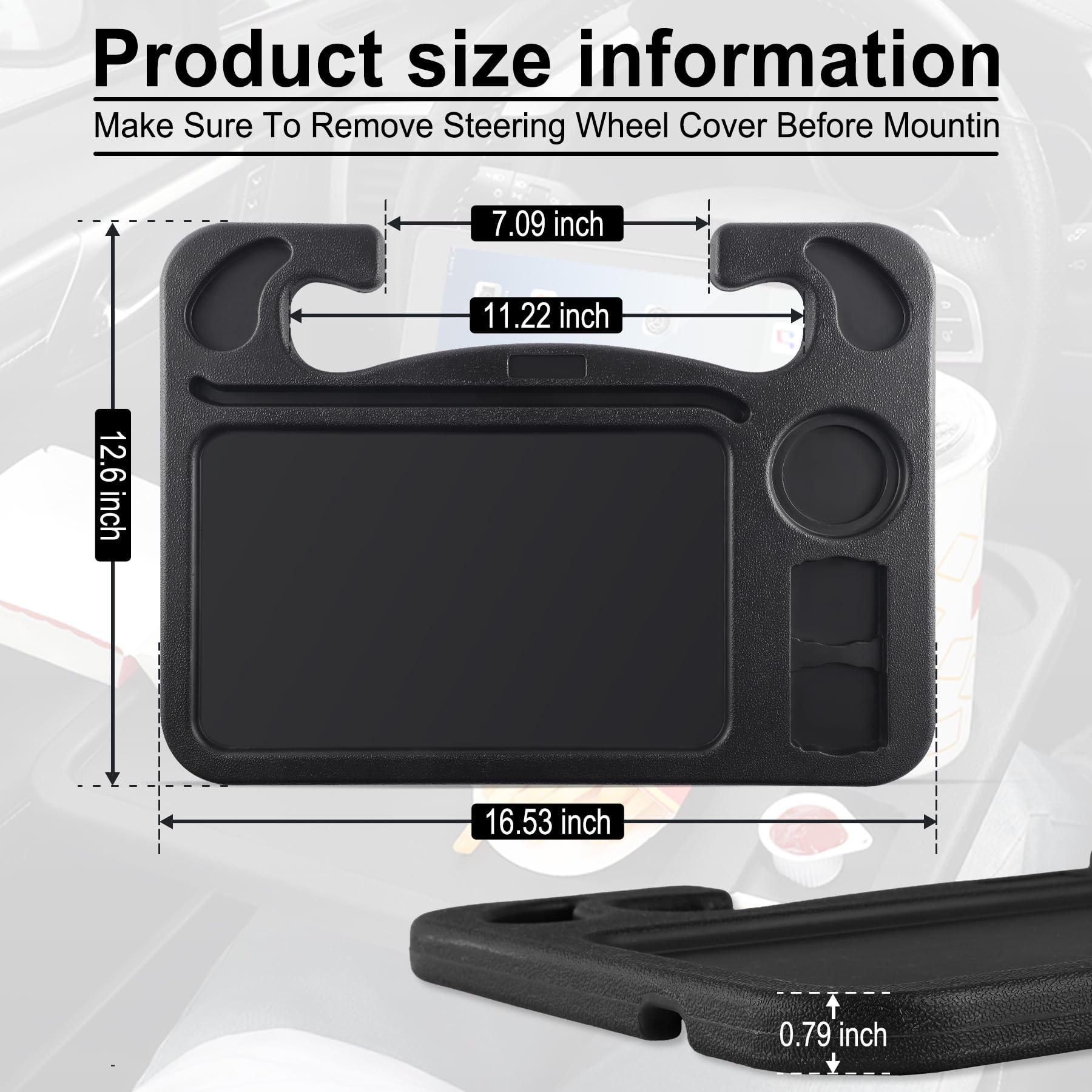 JustTop steering wheel tray with tablet holder for hands-free viewing.