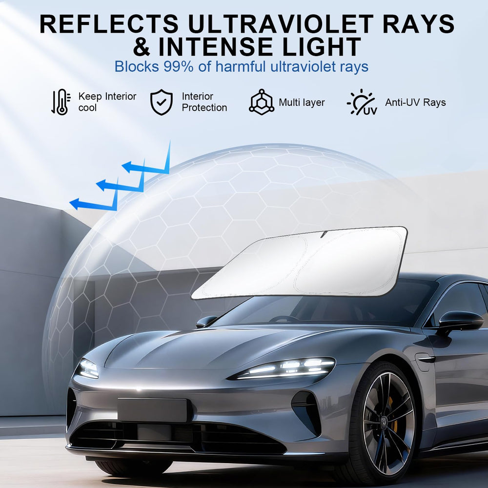 JUSTTOP Tesla Model 3/Y sunshade mounted on windshield reduces heat exposure.