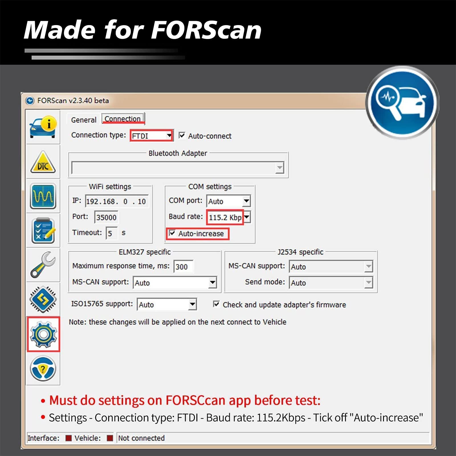JUTA VLINKER FS plugged into car OBD port demonstrating real-time FORScan diagnostics