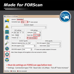 JUTA VLINKER FS plugged into car OBD port demonstrating real-time FORScan diagnostics