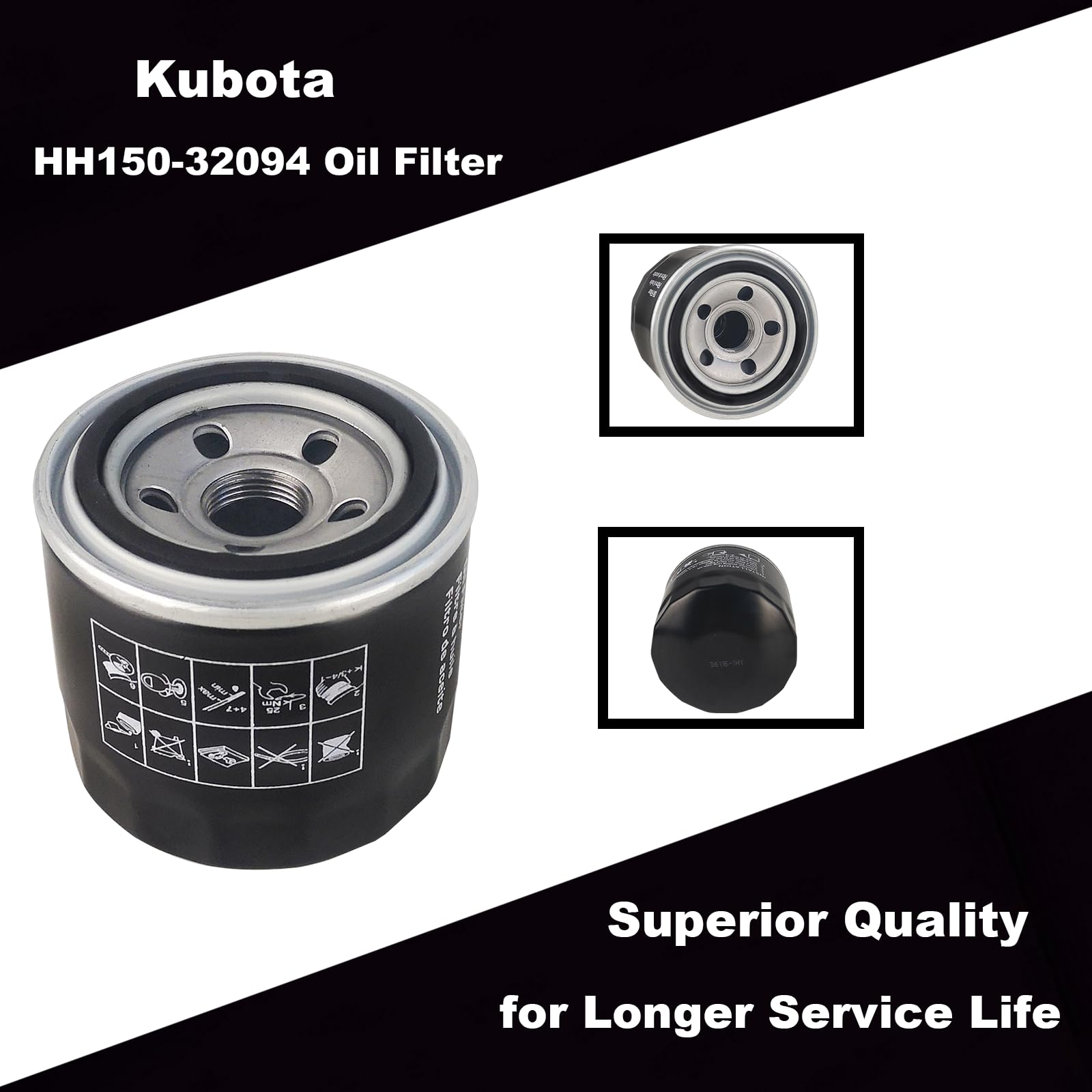 Jvfnxpm HH150-32094 oil filter side view highlighting compact Kubota-fit design.