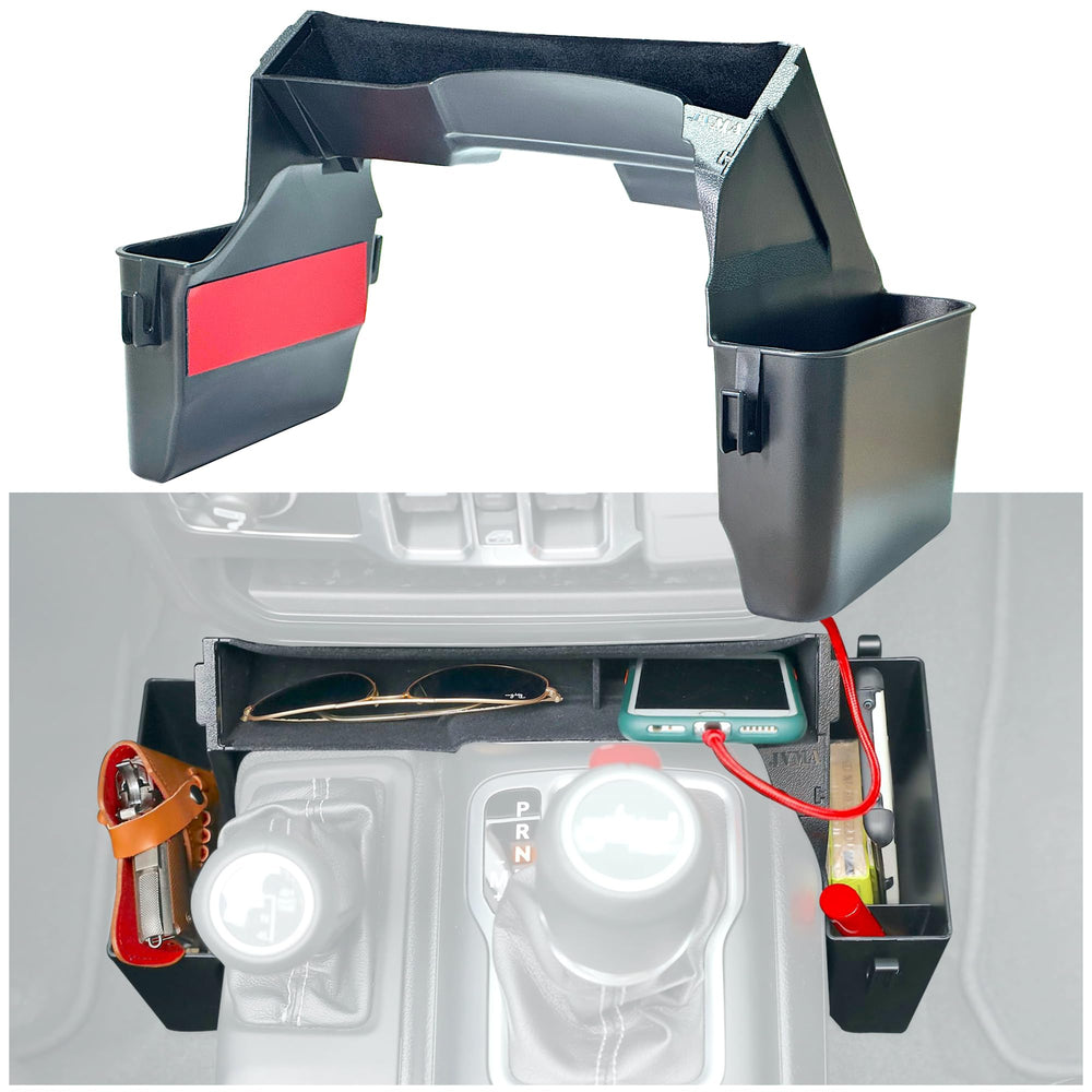 JVMA center console organizer front view showing gear shift tray for organized storage.