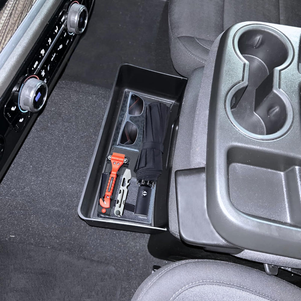 JWSIROU large-capacity hanging tray for Silverado 1500; expands under-armrest storage.